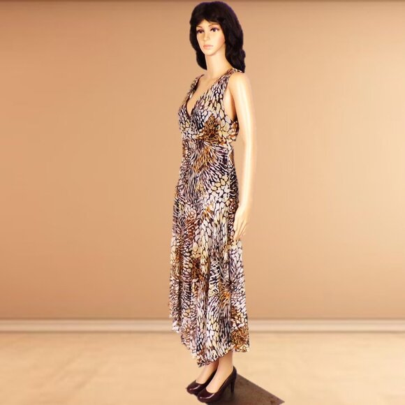 CHRIS McLAUGHLIN size 10 silk-like earth-tone sleeveless fit/flare maxi dress - Picture 8 of 11